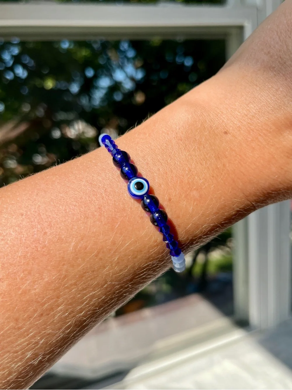 🧿 Blue “Evil Eye” Bracelet - Glass Beads, Swarovski Crystals & Silver-Tone Metal